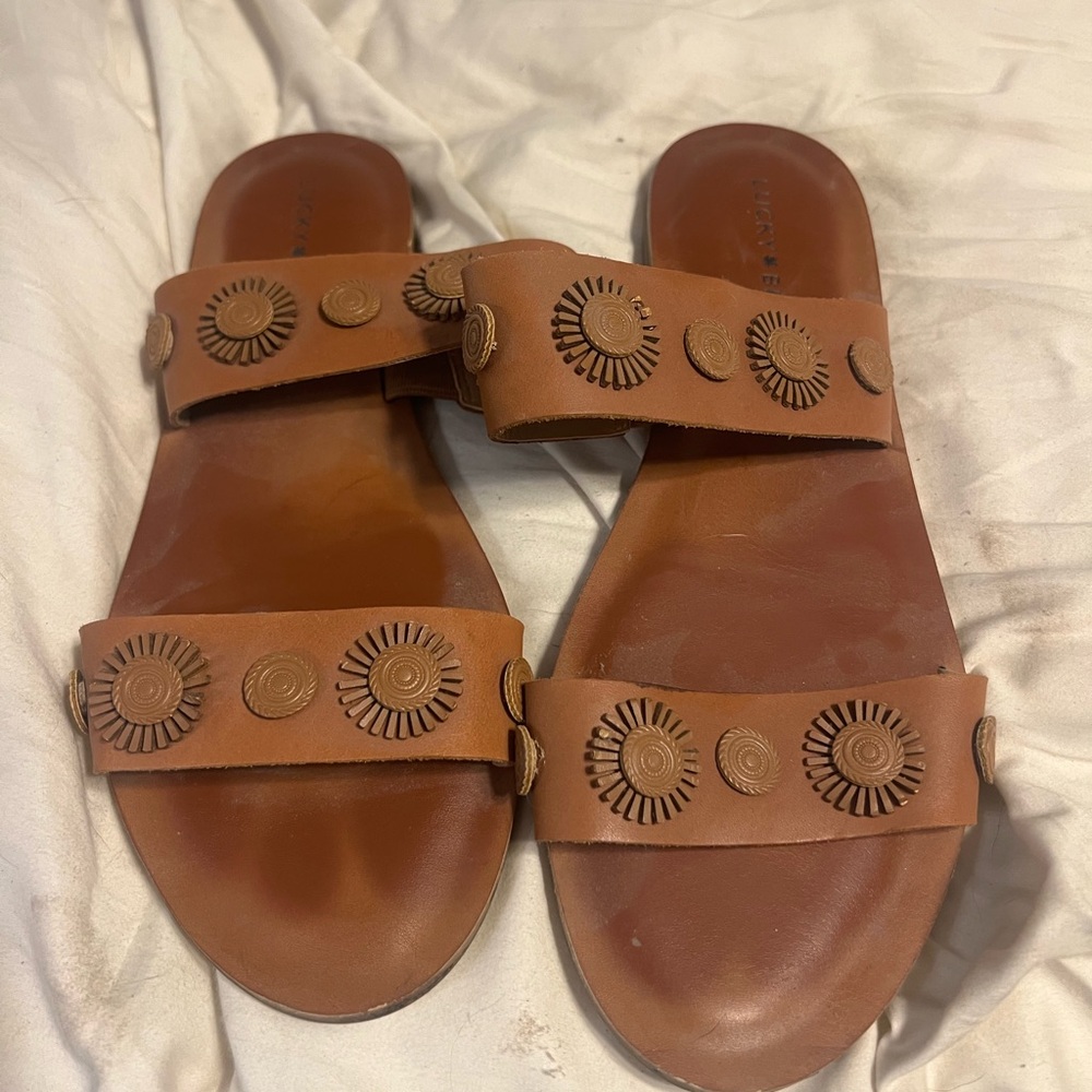 Brown Lucky Brand Leather Slide Sandals